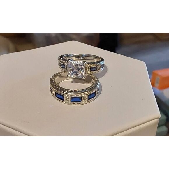New~4 Ct. Princess/Emerald Cut Lab Sapphire & Sim Diamond Bridal Ring Set Sz 8 - Picture 1 of 3